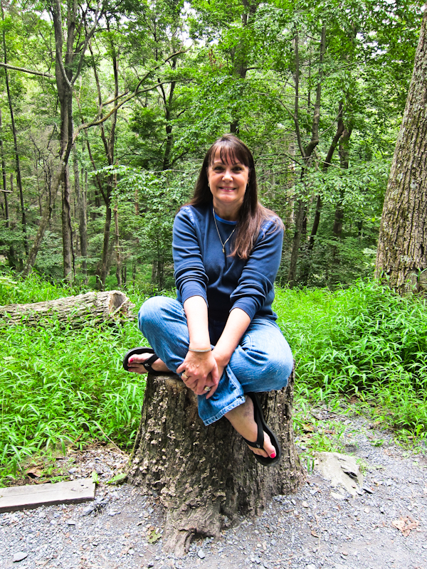 Bobbie sitting on a tree stump - life is fragile